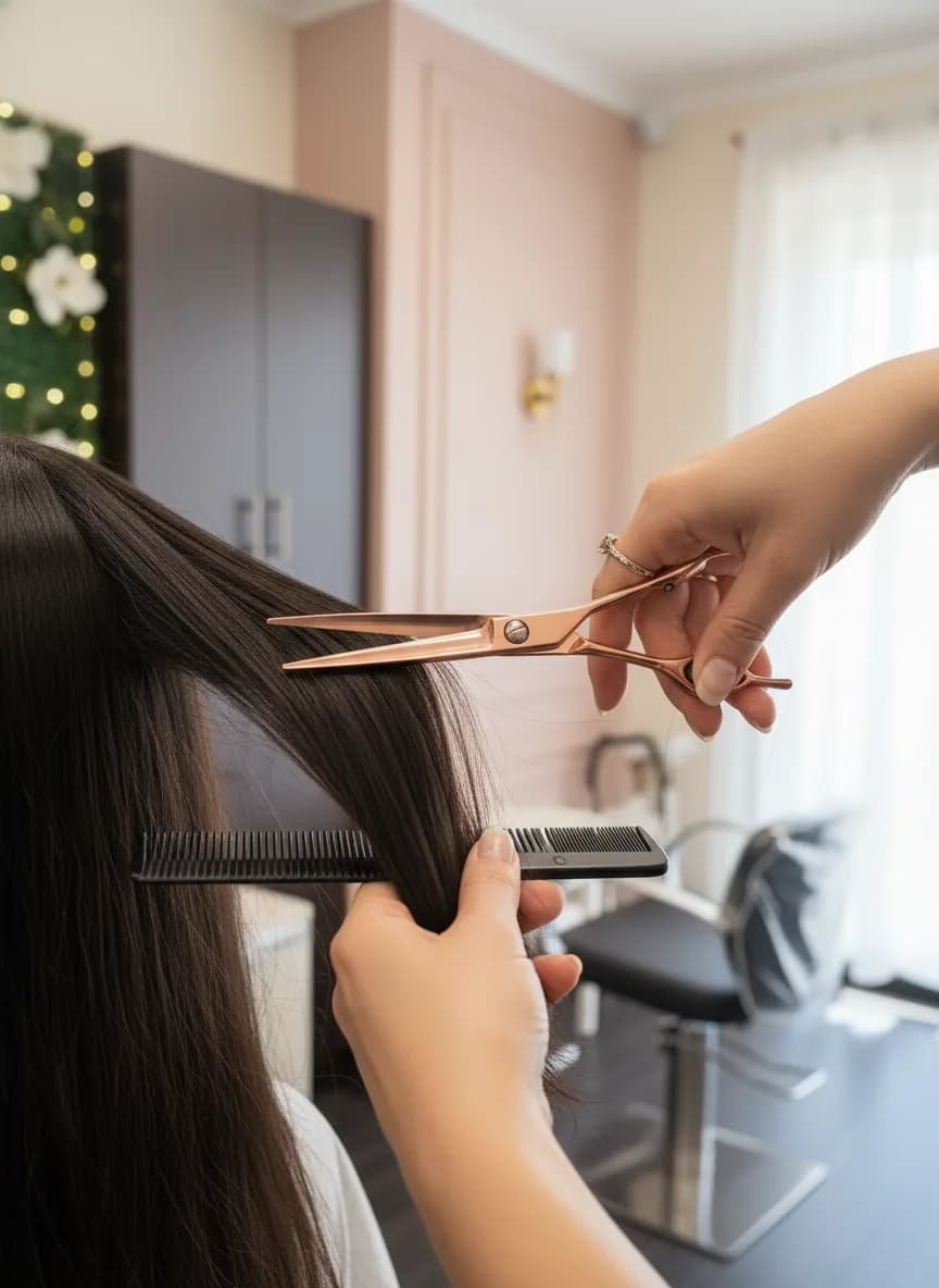 Precise bang trim being shaped at Magnolia Mane salon in Goodyear, AZ