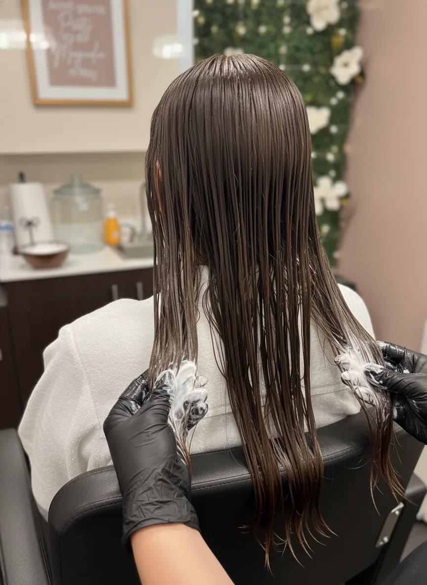 Creamy hydrating conditioning mask being smoothed through freshly washed, damp hair at Magnolia Mane in Goodyear, AZ